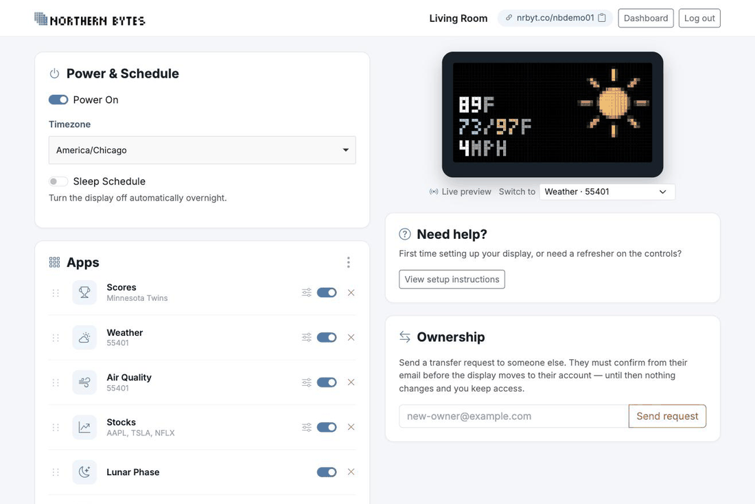 The settings page in a browser, showing power and sleep schedule controls, a live preview of the
                 display, and a reorderable list of installed apps with on/off switches