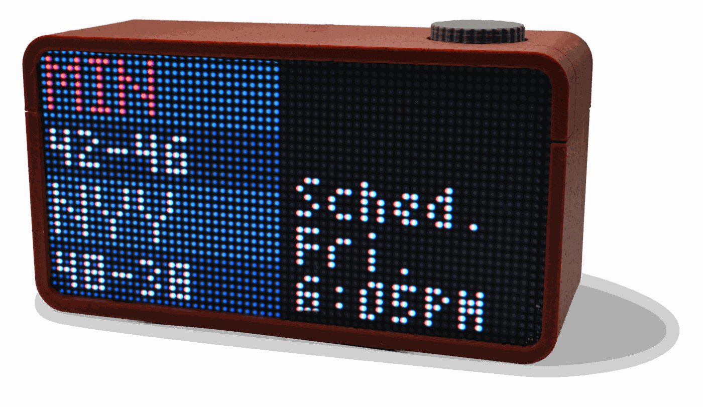 The Northern Bytes display showing live scores, a schedule, and the time on its LED matrix